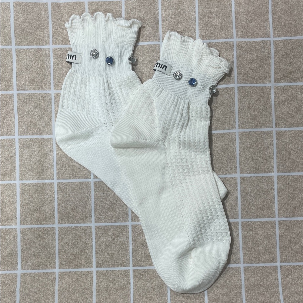 Miu Miu White Ruffled Crystal-Embellished Ankle Socks